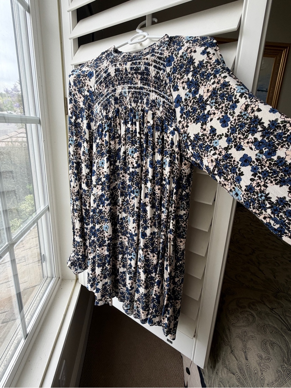 Free People Cream bohemian dress with Blue Floral Smocked Yoke